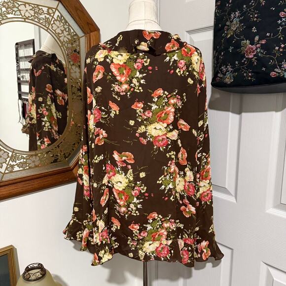 VTG Dark Brown & Multicolor Floral Ruffled Long Flare Sleeve Open Front Cardigan - Picture 6 of 8